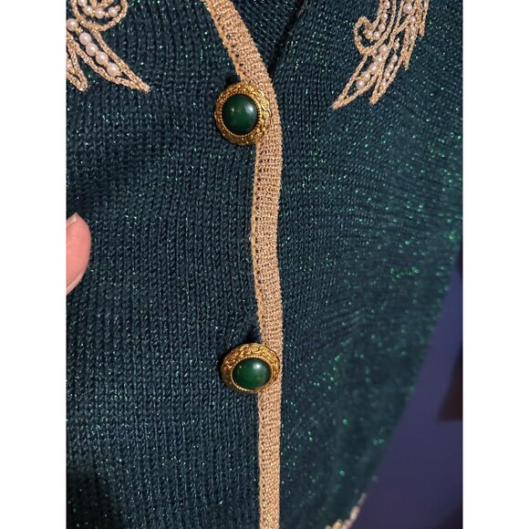 Vintage Jaclyn Smith Green Metallic Embroidered Cardigan Sweater W/ Gold Trim & - Picture 4 of 5